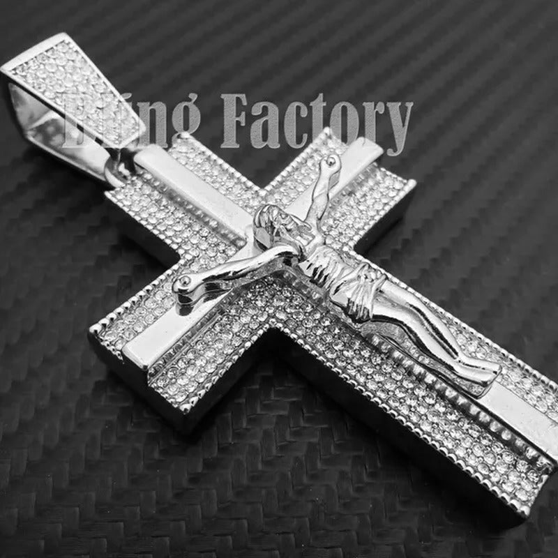 Men'S Iced Gold/Silver Hip Hop Large Holy Jesus Cross Bling Lab Diamond Charm Pe