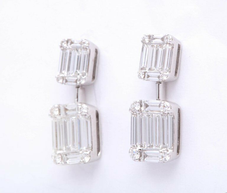 Emerald Cut Illusion Diamond Dangle Drop Earring  1.37 ct 18 k white gold