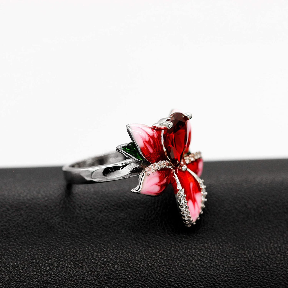 Girl'S Beautiful Red Enamel Rose Ring for Women Blossom Flower Rings with Pear C