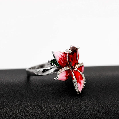 Girl'S Beautiful Red Enamel Rose Ring for Women Blossom Flower Rings with Pear C