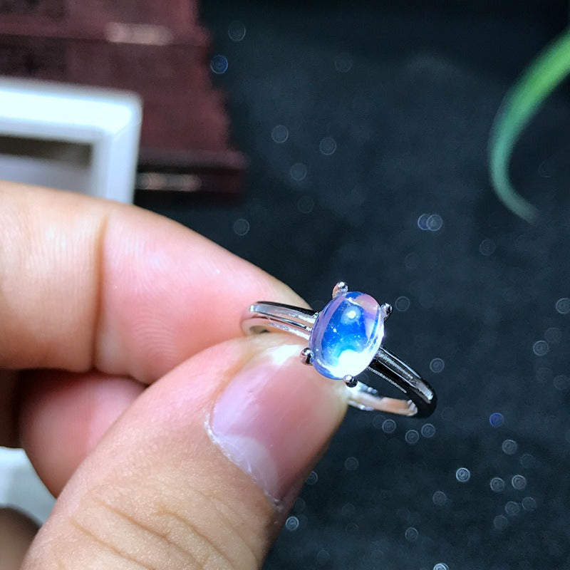 2 Carat Natural Moonstone Ring 925 Silver Inlaid with Blue Glass Body