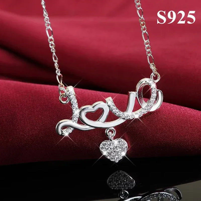 Pretty Women'S 925 Sterling Silver Heart Beautiful LOVE Pendant Diamonds Necklac