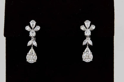 DIAMOND DANGLE DROP EARRING 3.25 CT PEAR MARQUISE ROUND 18 K WHITE GOLD DROP