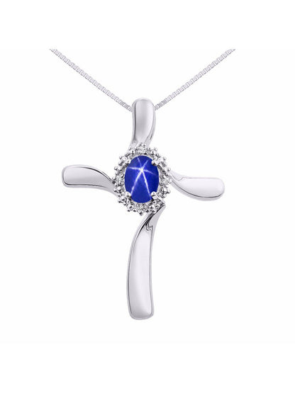 Diamond & Blue Star Sapphire Cross Pendant Necklace Set in Set in Sterling Silve