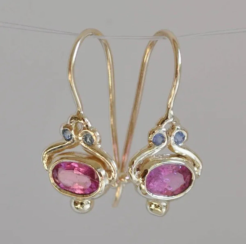 Unique Blue Sapphire Oval Pink Tourmaline Gemstone Dangle Hook Earrings Women Je