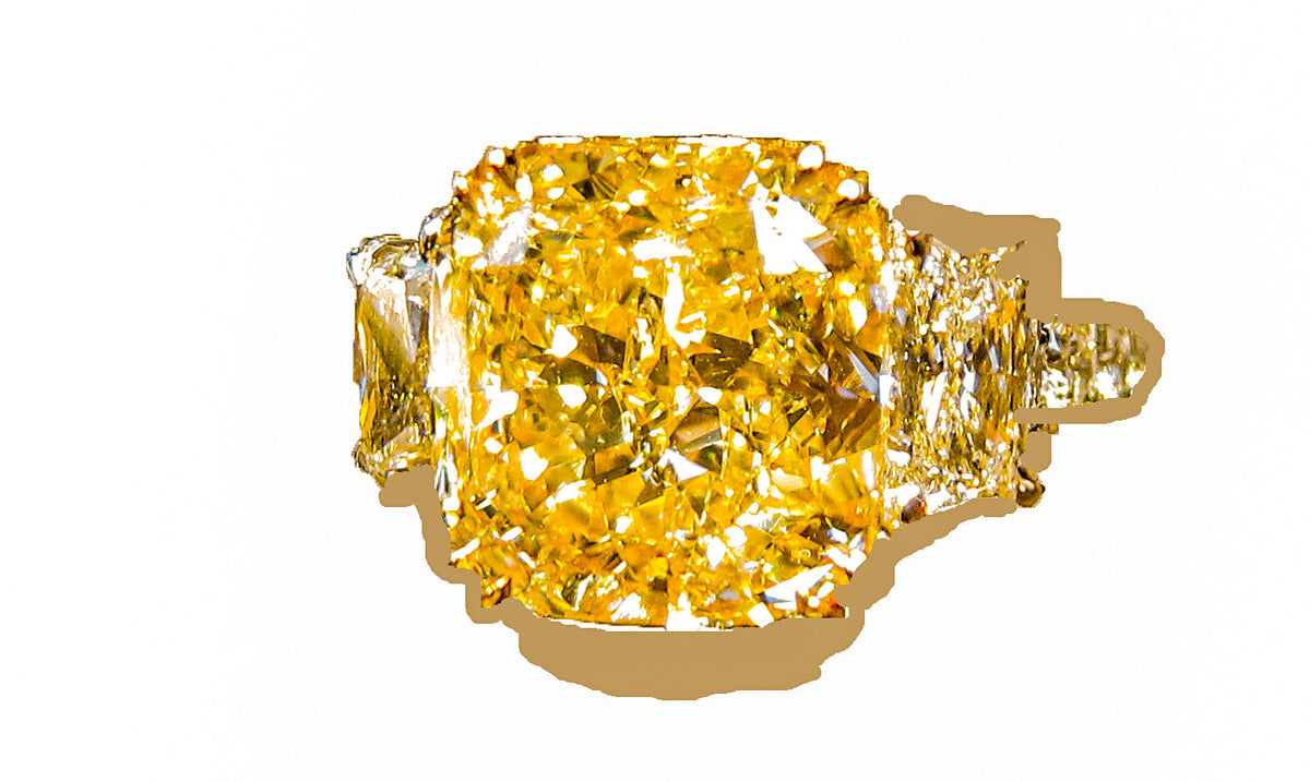 GIA FANCY YELLOW SI1 CUSHION DIAMOND RING SET TRAPEZOID ENGAMENT RING