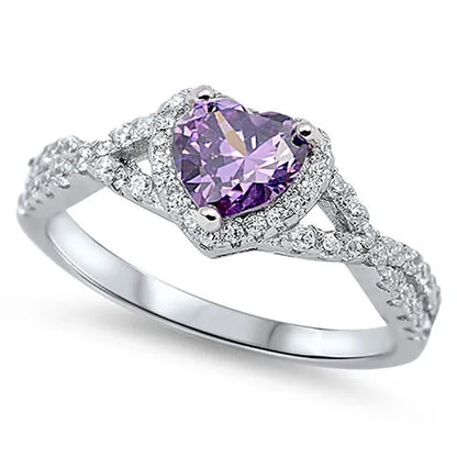 Sterling Silver .925 Women'S Diamond Cubic Zirconia CZ Infinity Heart Halo Purpl