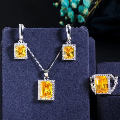 Gloriya Elegant Amethyst Purple CZ Square Pendant Chain Necklace Earrings and Ri