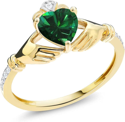 10K Yellow Gold Green Simulated Emerald and Diamond Accent Irish Celtic Claddagh