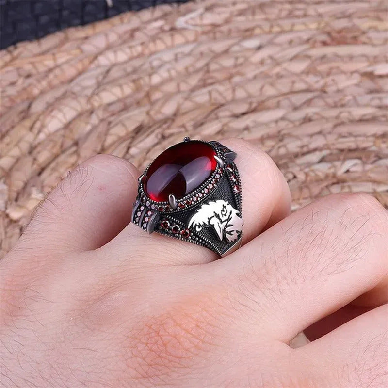 High Quality Men'S Business Ring, Antique Silver Inlaid Black Gemstone and Ruby