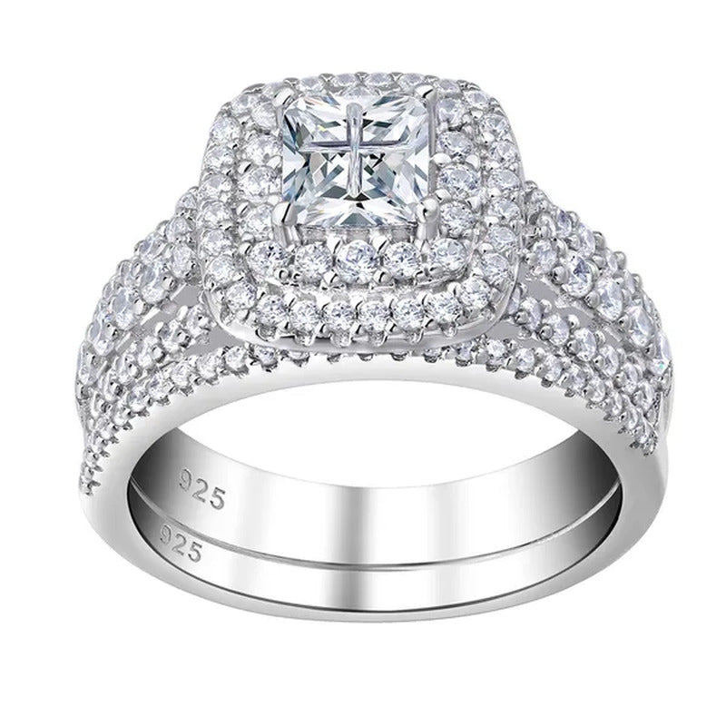 Newshe 925 Sterling Silver Halo Cross Cut Princess Cubic Zirconia Wedding Ring S