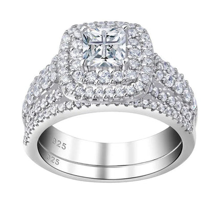 Newshe 925 Sterling Silver Halo Cross Cut Princess Cubic Zirconia Wedding Ring S