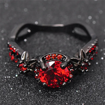 Exquisite Flower Shiny Red Garnet Ring Fashion Jewelry Vintage Black Gold Filled