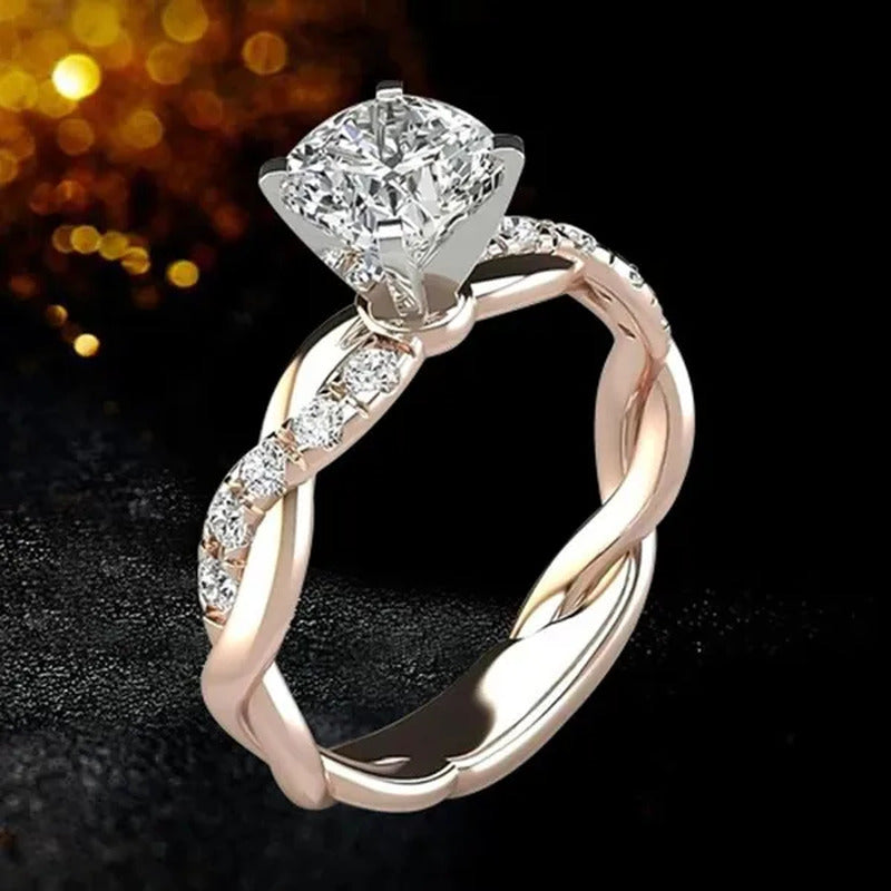 Exquisite Women'S Fashion Rose Gold Two-Color Princess Square Diamond Ring Bride