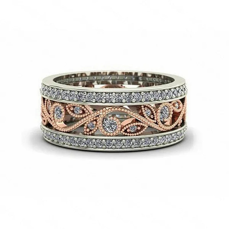 Rose Gold Plated Shiny CZ Flowers Wedding Band White Gold Plated Cubic Zirconia