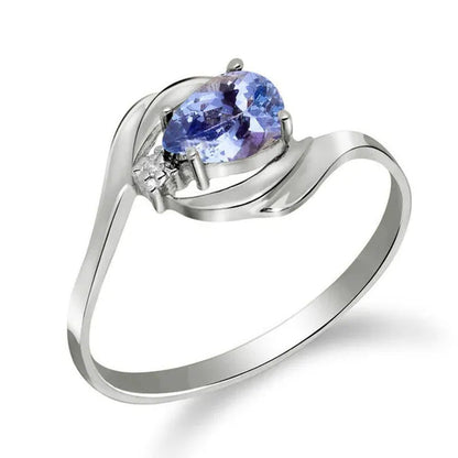 14K Solid White Gold Ring with Natural Diamond and Pear-Shaped Tanzanite