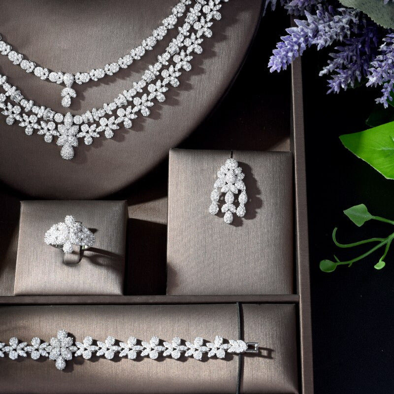 Nigeria 4Pcs Bridal Zirconia Jewelry Sets Luxury Dubai Nigeria CZ Crystal Weddin