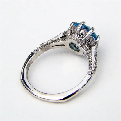Fashion 2.0Ct round Cut Aquamarine Gemstone Ring Exquisite Silver Carver Flower