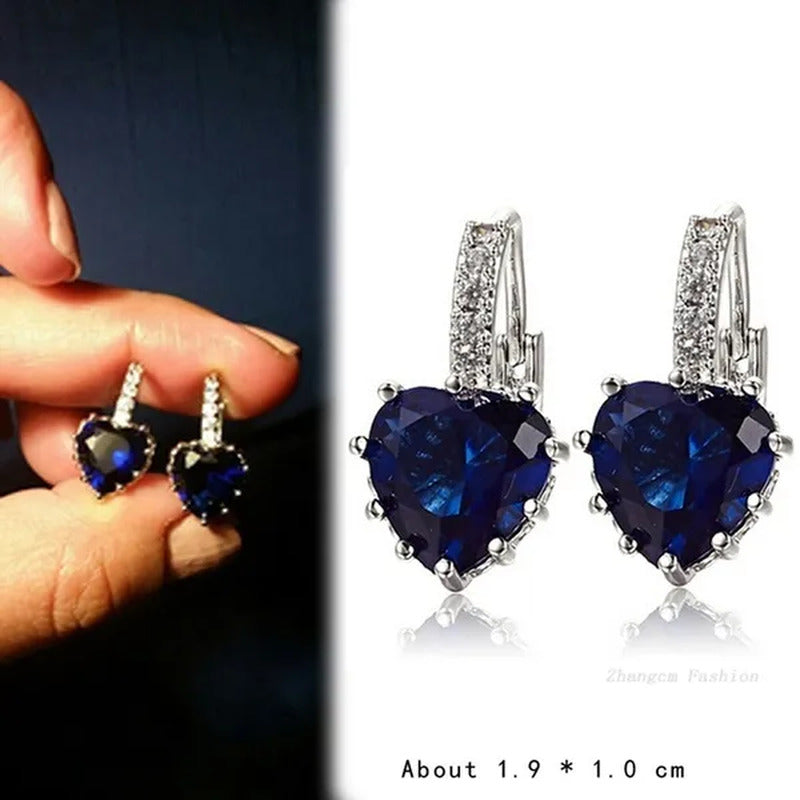 ZCM Womens Fashion Plated Earrings Sapphire Blue Crystal Heart Leverback Earring