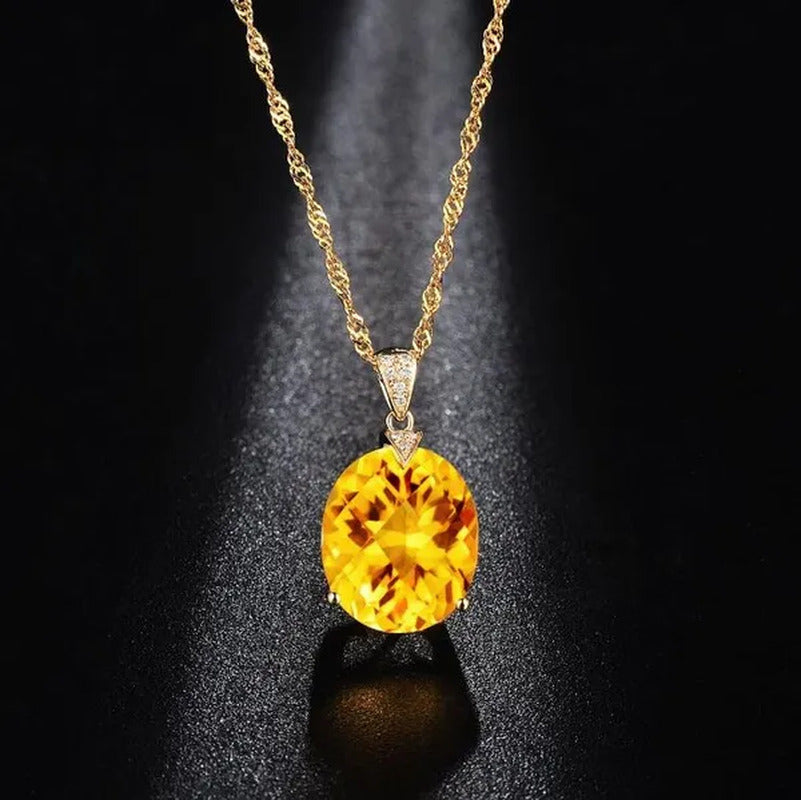 Big Citrine Gemstones Yellow Crystal Pendant Necklace for Women Diamonds Gold Co