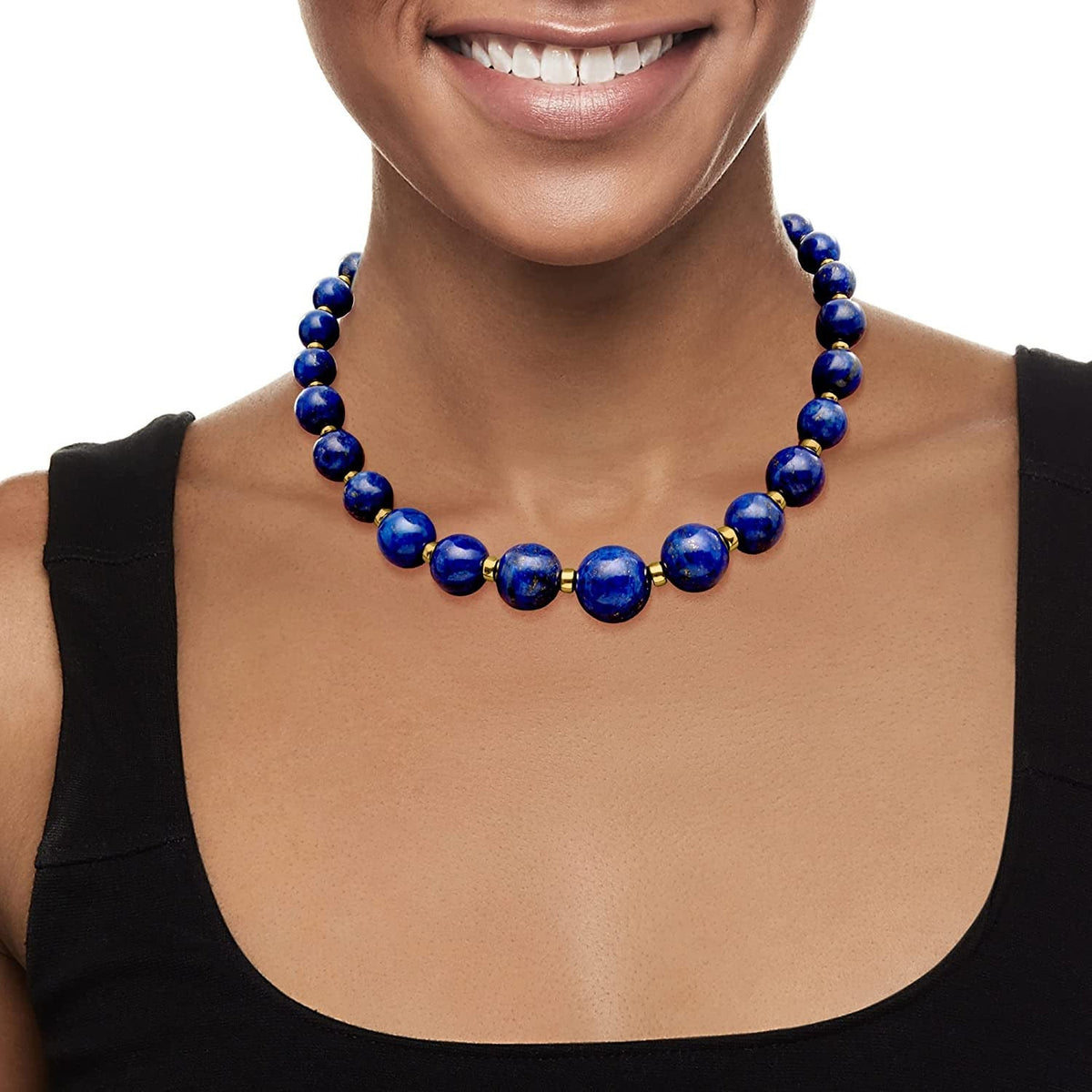 6-18Mm Graduated Blue Lapis Bead Necklace with 14Kt Yellow Gold