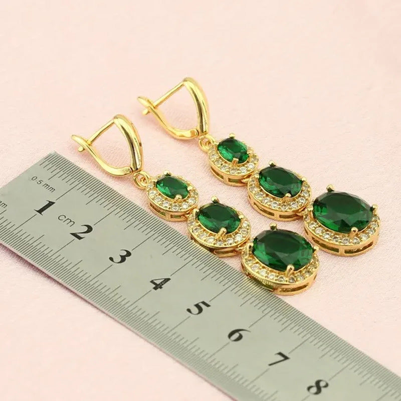 Flawless Long Gold Color Women Jewelry Sets Green Emerald Drop Earrings Necklace