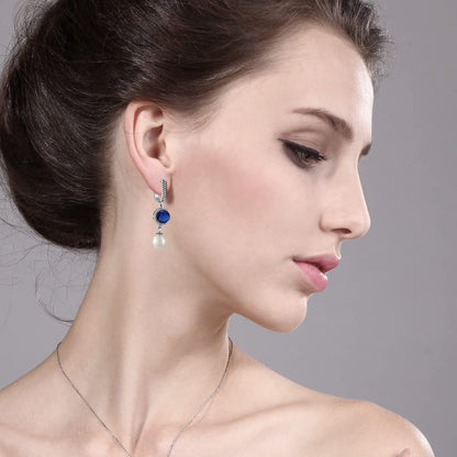925 Sterling Silver 8MM round Simulated Sapphire and 11X8MM Cultured Freshwater