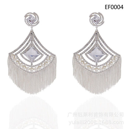 24K Gold-Plated Luxury Diamond Pearl Tassel Long Earrings Fashion Personality Ex