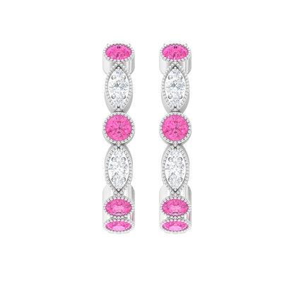 1 CT Pink Sapphire and Diamond Hoop Earrings, Pink Sapphire Vintage Earrings, Ho