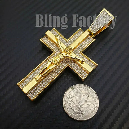 Men'S Iced Gold/Silver Hip Hop Large Holy Jesus Cross Bling Lab Diamond Charm Pe