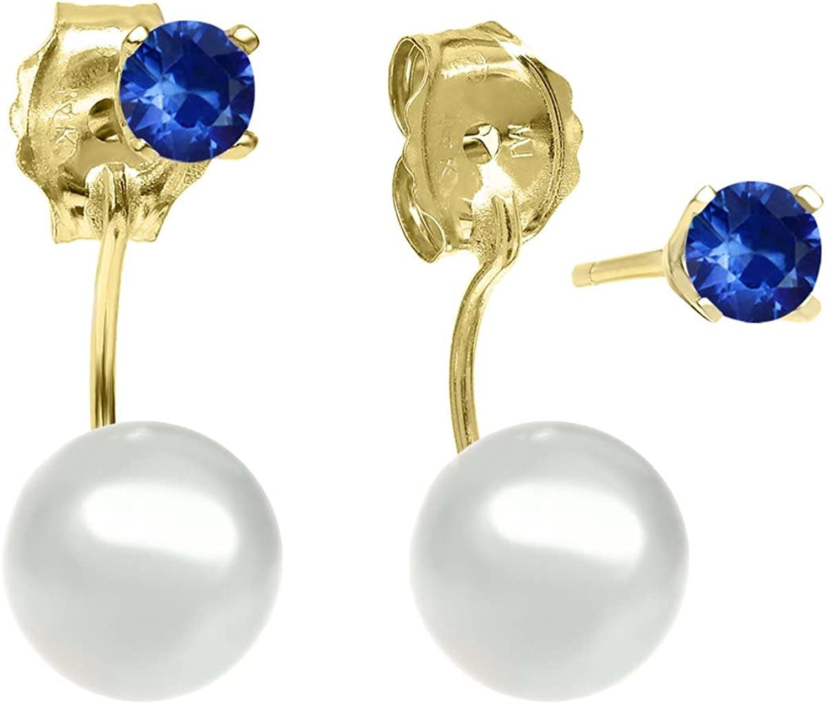 0.26 Ct round 3Mm Blue Sapphire 14K Yellow Gold Stud Earrings with Cultured Fres