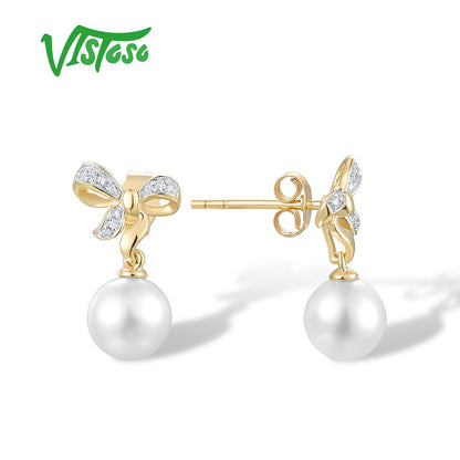 9K 375 Yellow Gold Earrings for Women Fresh Water White Pearl Diamond Earrings