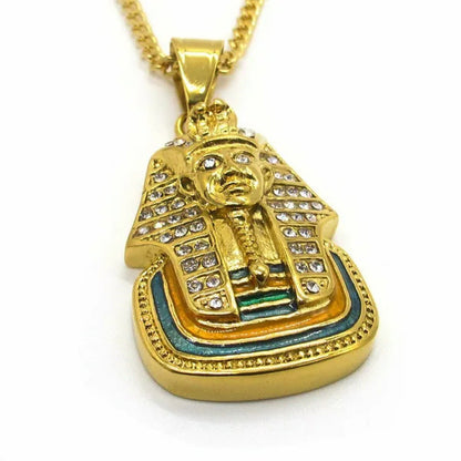 Mens Egyptian Pharaoh Necklace Gold Diamond Stainless Steel Chain Hip Hop