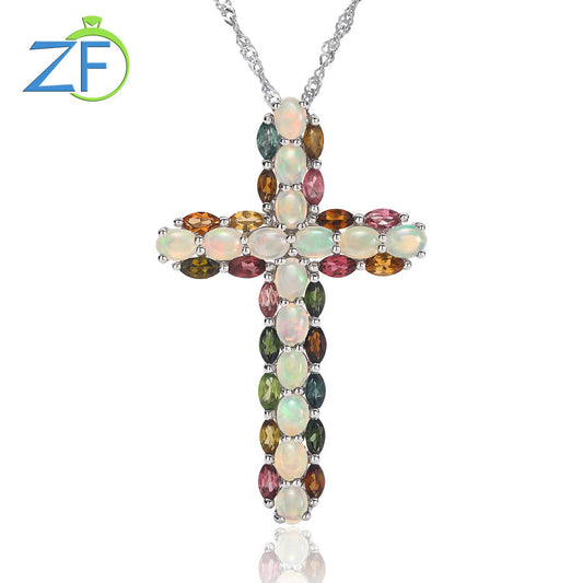 Real 925 Sterling Silver Cross Pendant for Women Natural Opal Tourmaline Mixed