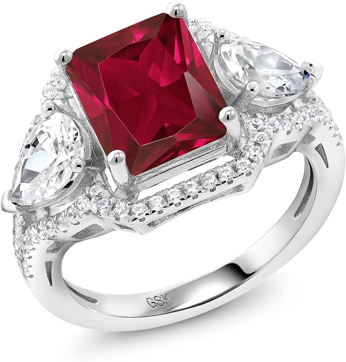 925 Sterling Silver Red Created Ruby Women'S Ring (4.59 Cttw, Emerald Cut 10X8MM