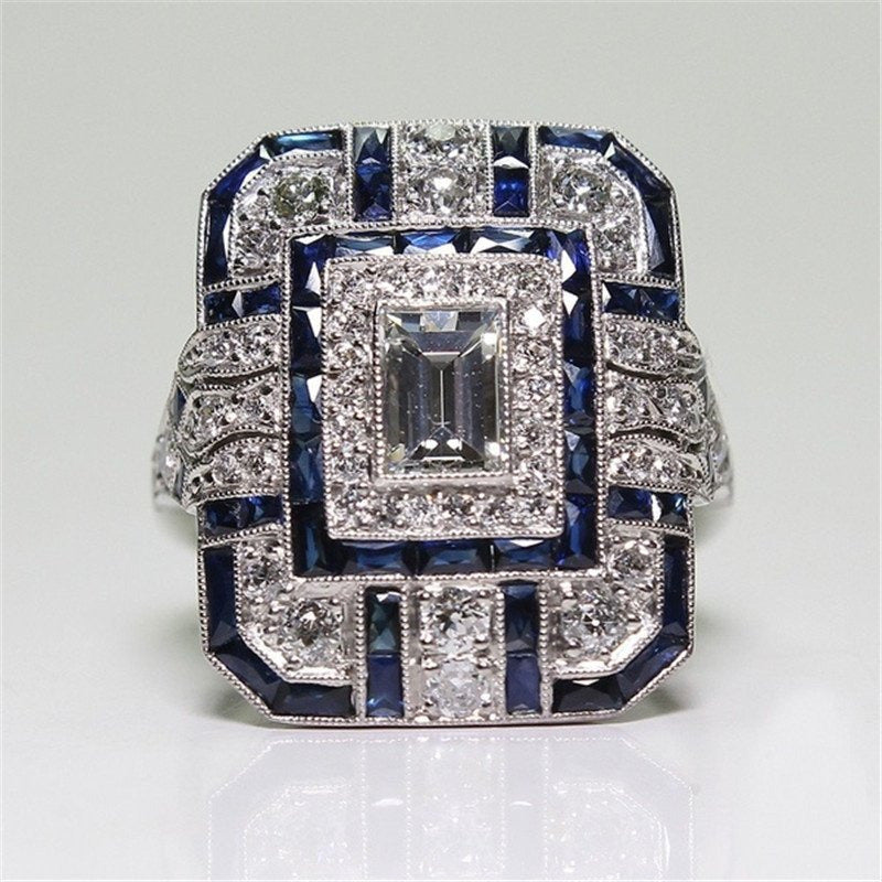 Antique Art Deco 925 Sterling Silver Sapphire Diamond Ring