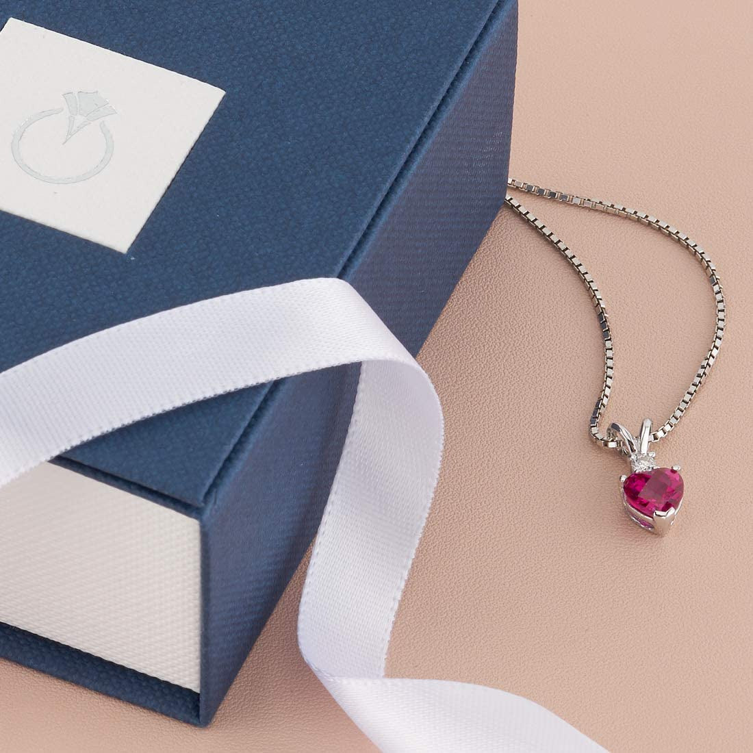 Created Ruby with Genuine Diamond Pendant in 14 Karat White Gold, Heart Shape So