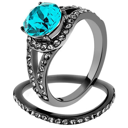 2.39 Ct Blue Zircon Crystal Gray Stainless Steel Wedding Ring Set Women'S Size 5