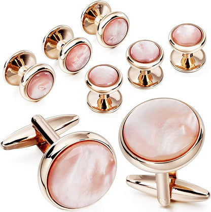 Cufflinks and Tuxedo Studs Set for Men with Gift Box, Rose Gold Tone Mother-Of-P