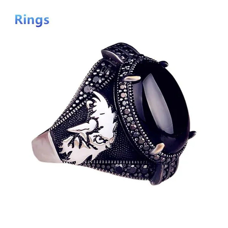 High Quality Men'S Business Ring, Antique Silver Inlaid Black Gemstone and Ruby