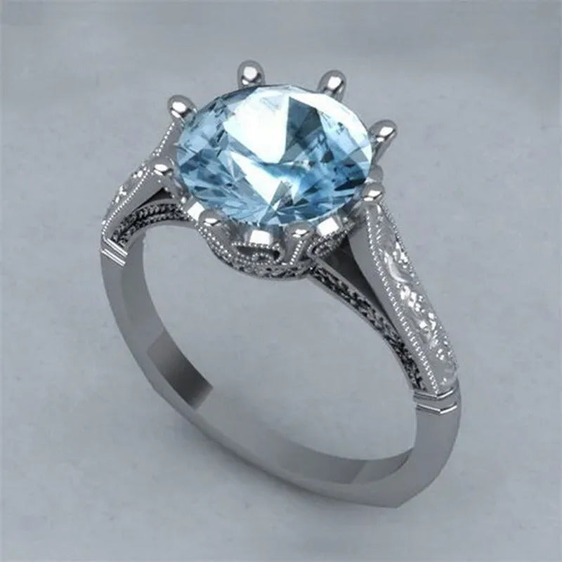 Fashion 2.0Ct round Cut Aquamarine Gemstone Ring Exquisite Silver Carver Flower
