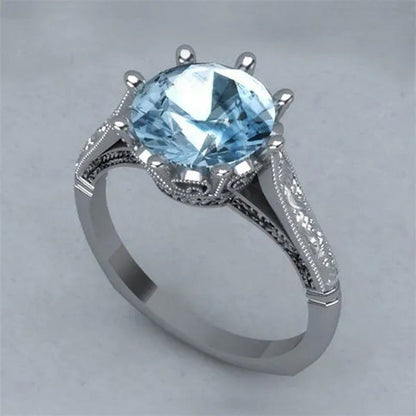 Fashion 2.0Ct round Cut Aquamarine Gemstone Ring Exquisite Silver Carver Flower