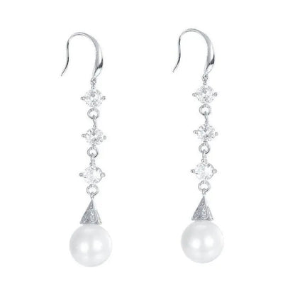 High Quality Temperament White Pearl Eardrop Earrings 925 Sterling Silver Long E