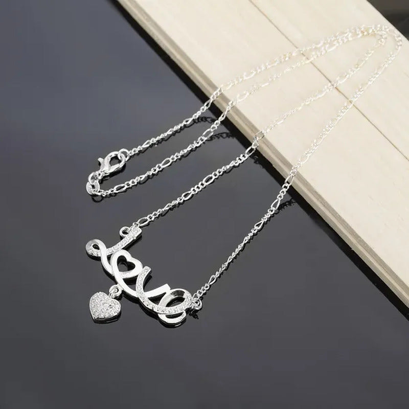 Pretty Women'S 925 Sterling Silver Heart Beautiful LOVE Pendant Diamonds Necklac
