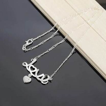 Pretty Women'S 925 Sterling Silver Heart Beautiful LOVE Pendant Diamonds Necklac