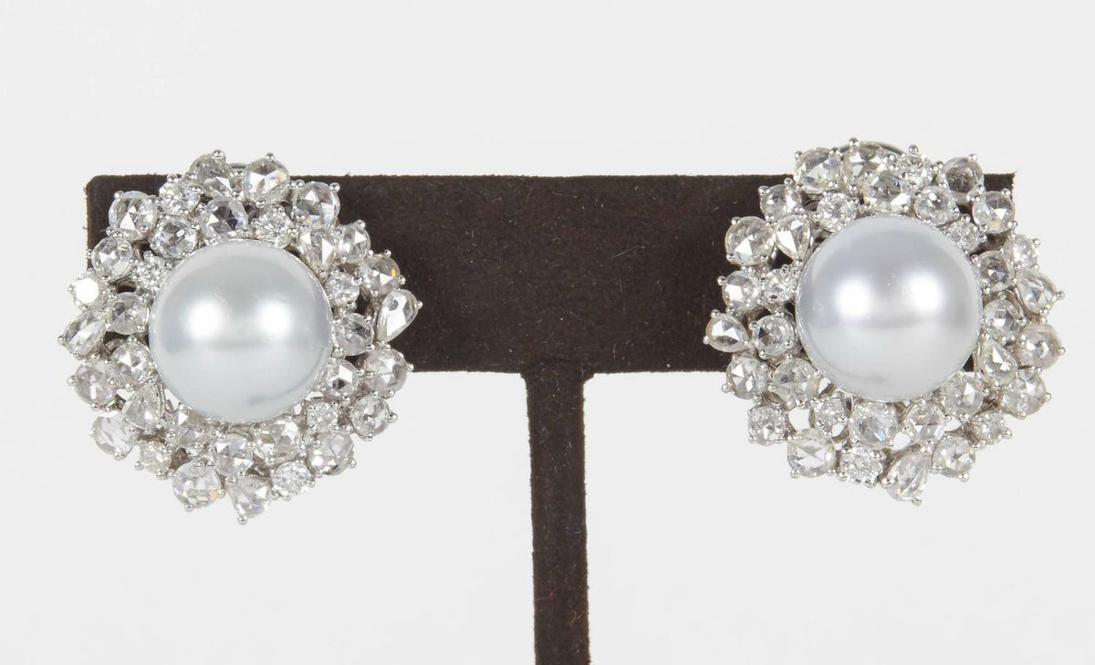 PEARL EARRING TWO PIECE 12 MM EACH WITH DIAMOND ROUND BR AND ROSE SHAPE 18K W/G
