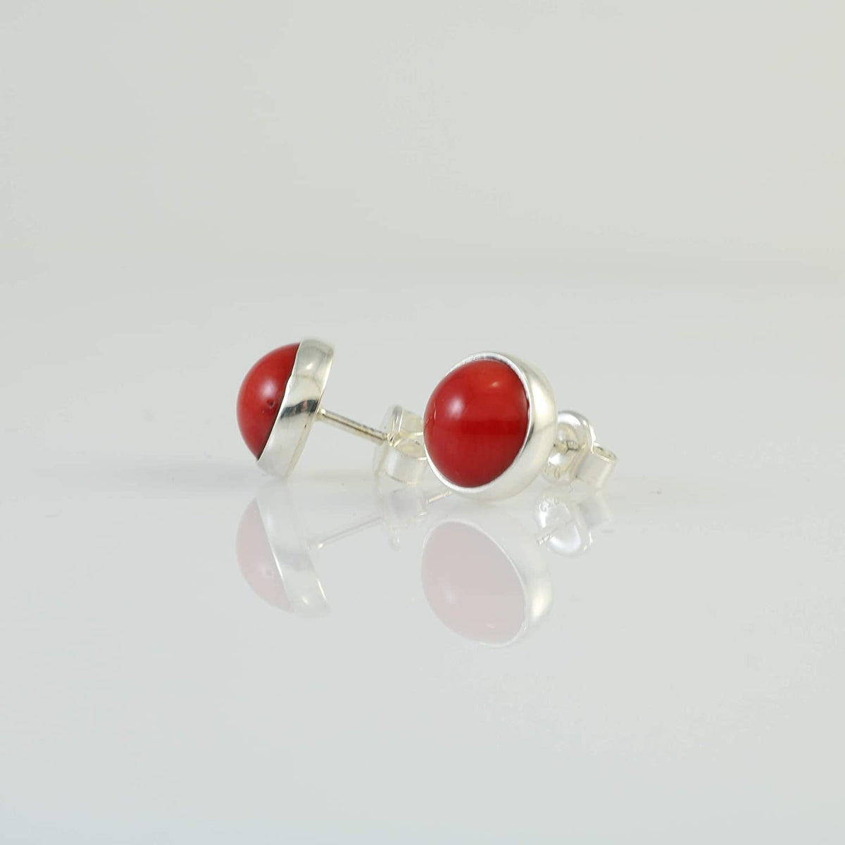 Sterling Silver 925 round Stone Handmade Stud Earrings for Women (Red Coral - 9.