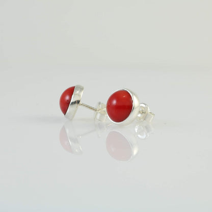 Sterling Silver 925 round Stone Handmade Stud Earrings for Women (Red Coral - 9.