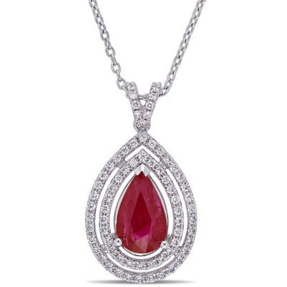 Allura Ruby and 0.22 CT. T.W. Diamond Teardrop Halo Pendant in 18K White Gold