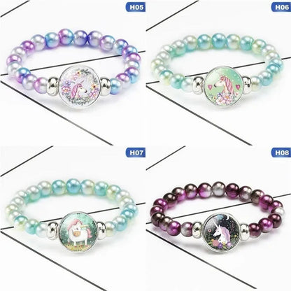 12 Styles Cute Unicorn Glass Rainbow Beads Bracelets & Bangles for Kids Girls Pa